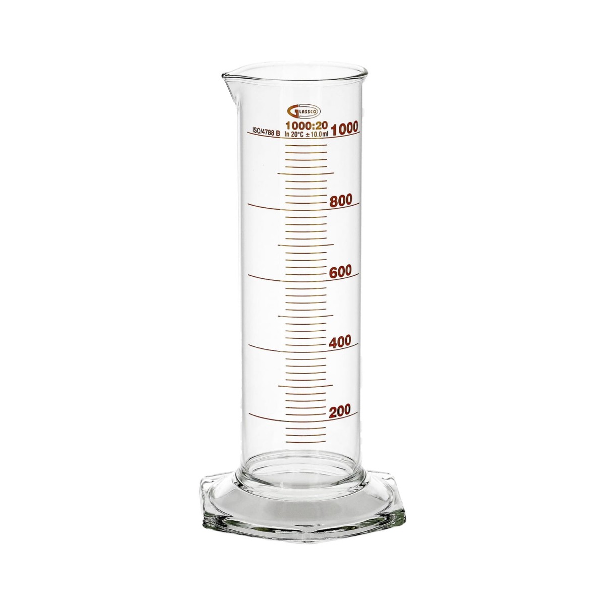 Cylinder miarowy szklany 1000 ml niski, klasa B - GLASSCO