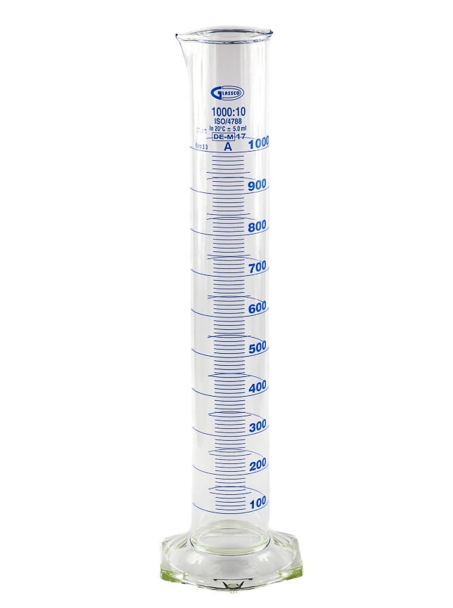 Cylinder miarowy szklany 1000 ml kl.A skala niebieska