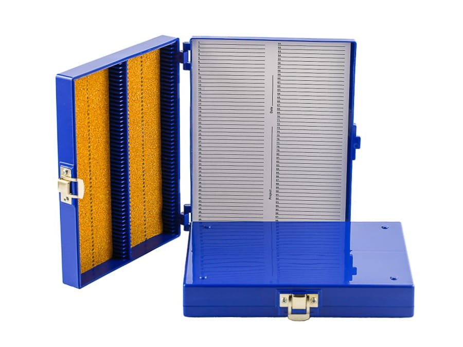 Etui na szkiełka mikroskopowe 100 miejsc z korkową wyściółką niebieskie