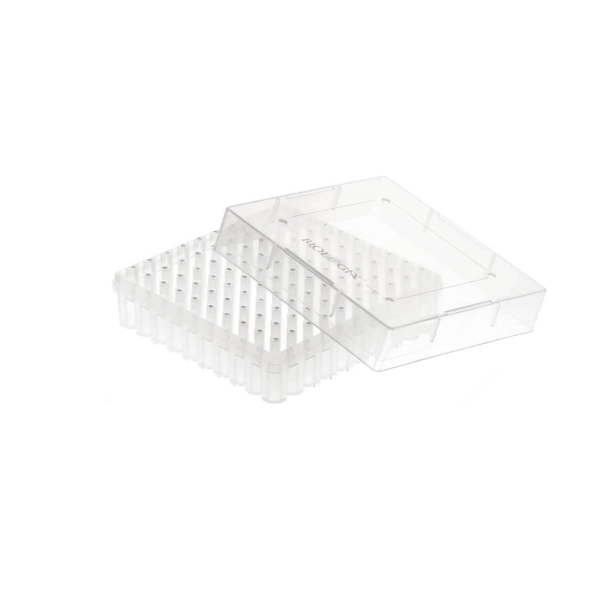 Pudełko PP na probówki 100 miejsc, h 53 mm, bezbarwne - BIOLOGIX