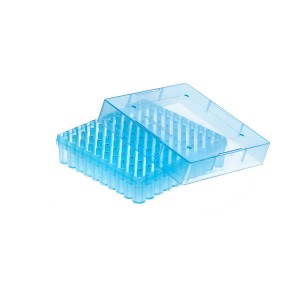 Pudełko PP na probówki 100 miejsc, h 53 mm, niebieskie - BIOLOGIX
