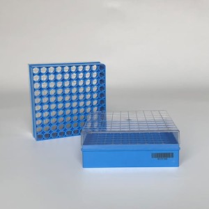 Pudełko PC na probówki 100 miejsc niebieskie z kodem kreskowym