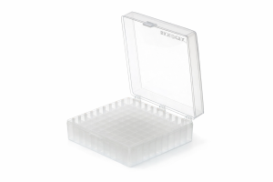 Pudełko PP na probówki 100 miejsc, h 54 mm, bezbarwne - BIOLOGIX