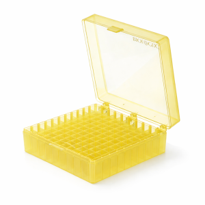 Pudełko PP na probówki 100 miejsc, h 54 mm, żółte - BIOLOGIX