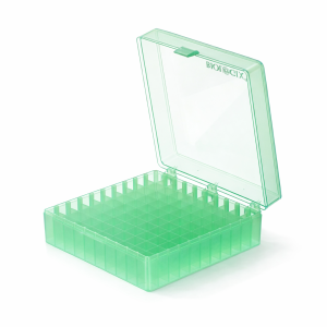 Pudełko PP na probówki 100 miejsc, h 54 mm, zielone - BIOLOGIX