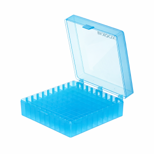 Pudełko PP na probówki 100 miejsc, h 54 mm, niebieskie - BIOLOGIX
